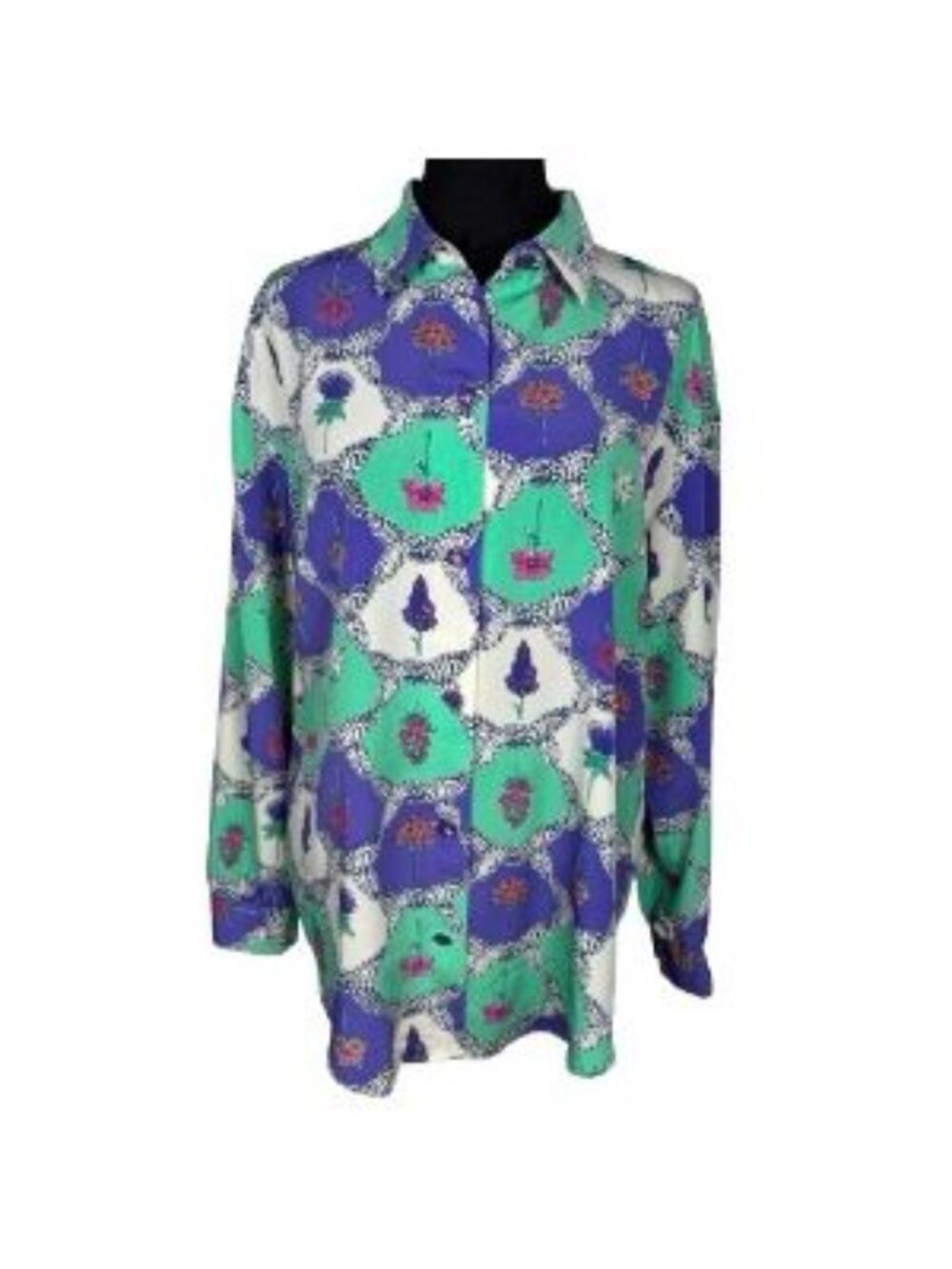 Vintage S.G. Sport Blouse Floral Geometric Print USA Button Front Small 6/8